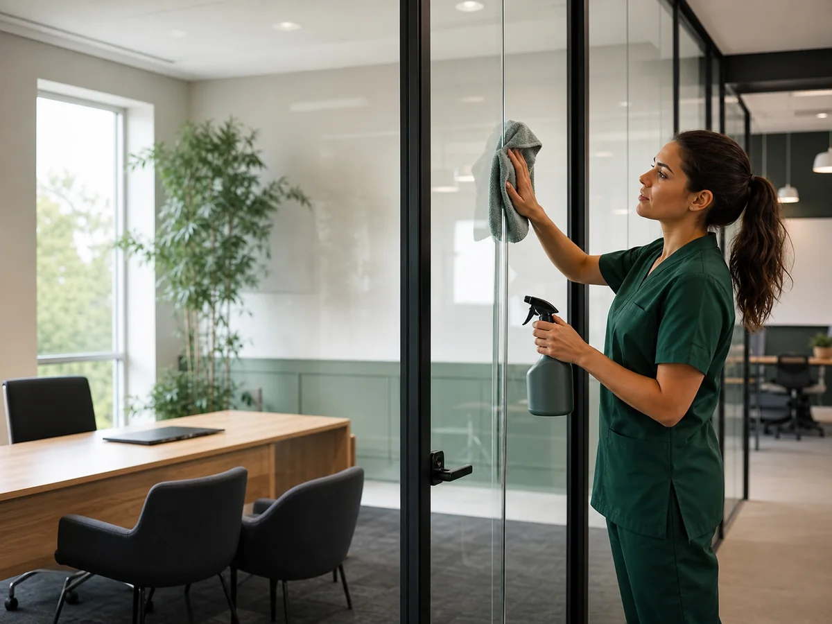 Cleaner polishing a glass partition in a modern office
