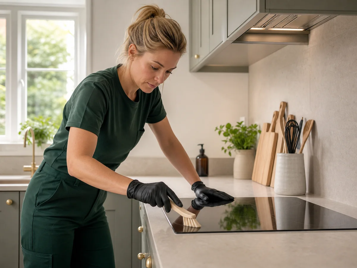 Cleaner detailing a kitchen hob during a deep clean