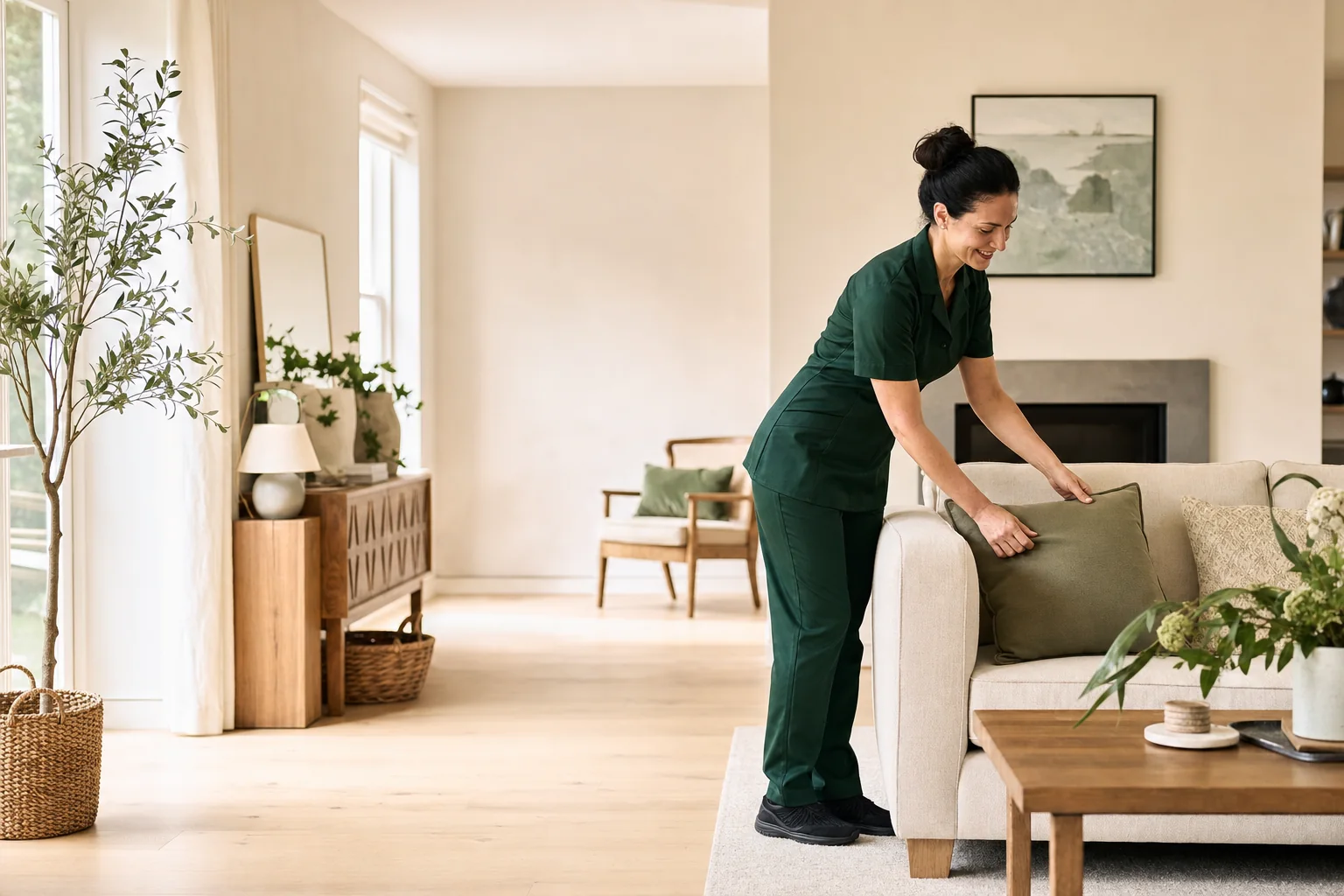Professional cleaner arranging a cushion in a bright modern home