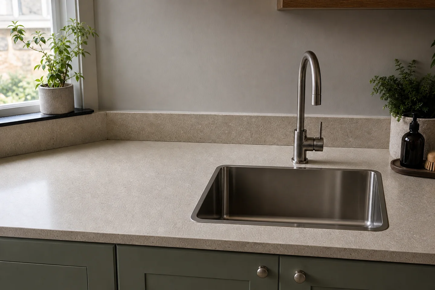 Professionally cleaned kitchen worktop and polished sink