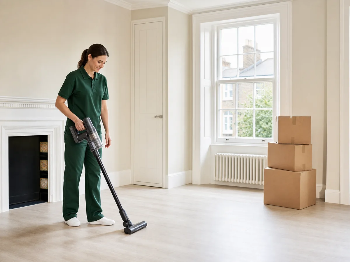 Cleaner vacuuming an empty flat beside moving boxes
